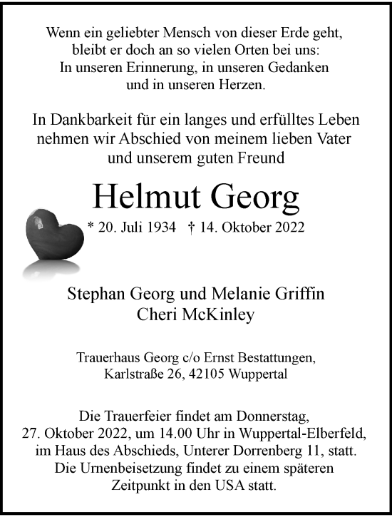 Traueranzeige von Helmut Georg von trauer.wuppertaler-rundschau.de