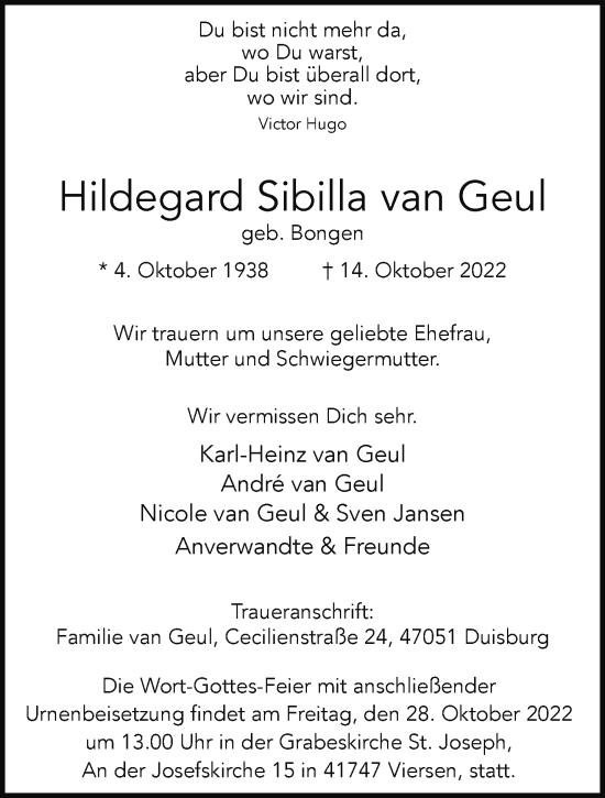 Traueranzeige von Hildegard Sibilla van Geul von trauer.extra-tipp-moenchengladbach.de