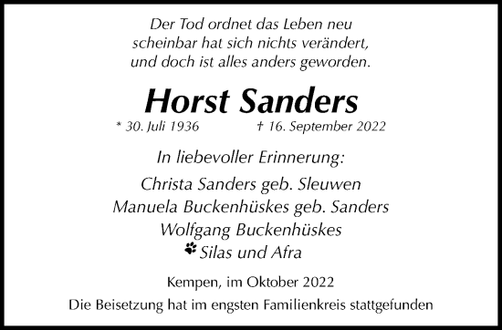 Traueranzeige von Horst Sanders von trauer.mein.krefeld.de