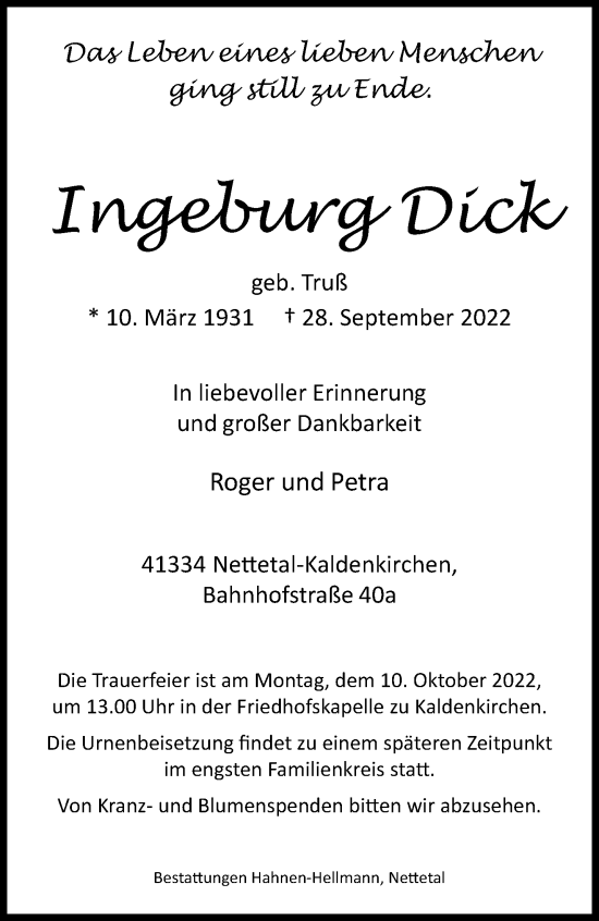 Traueranzeige von Ingeburg Dick von trauer.extra-tipp-moenchengladbach.de