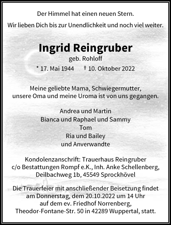 Traueranzeige von Ingrid Reingruber von trauer.wuppertaler-rundschau.de