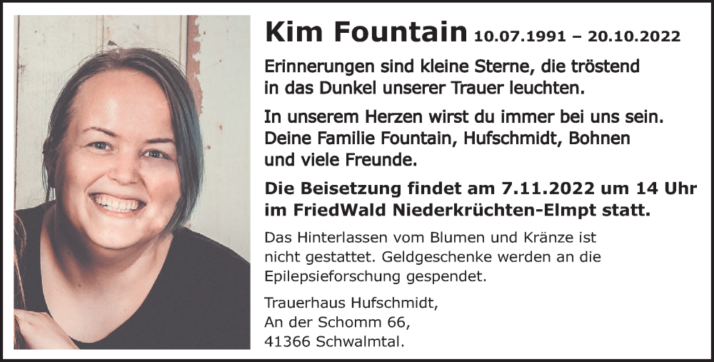  Traueranzeige für Kim Fountain vom 30.10.2022 aus trauer.extra-tipp-moenchengladbach.de