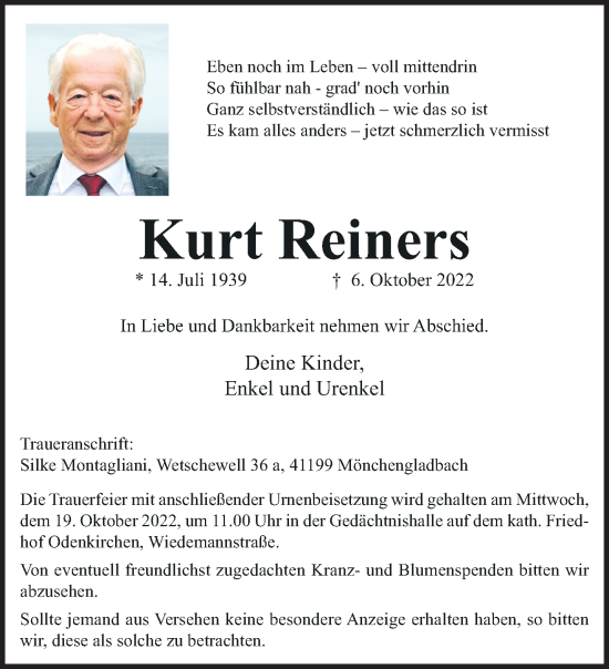 Traueranzeige von Kurt Reiners von trauer.extra-tipp-moenchengladbach.de