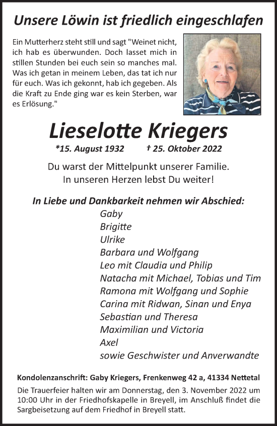 Traueranzeige von Lieselotte Kriegers von trauer.extra-tipp-moenchengladbach.de