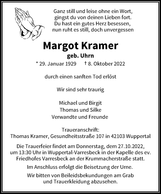 Traueranzeige von Margot Kramer von trauer.wuppertaler-rundschau.de