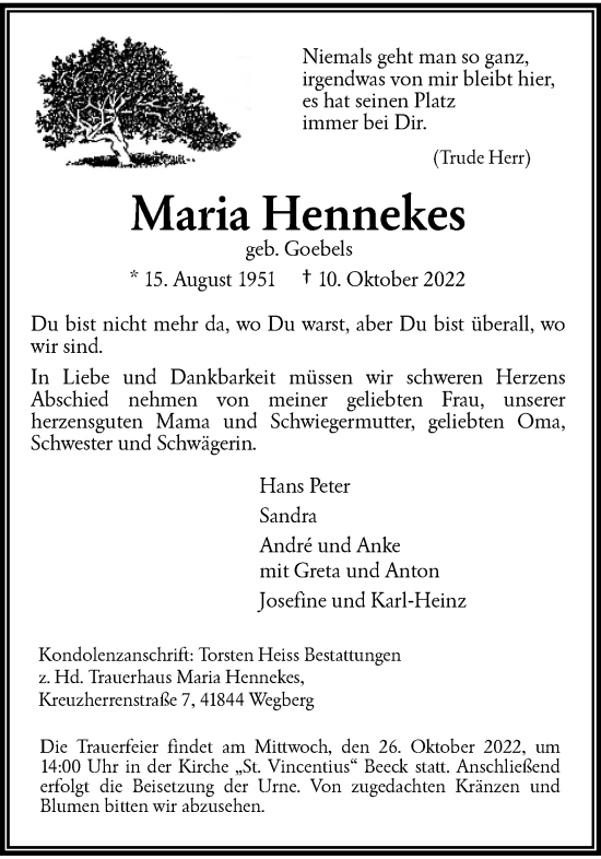 Traueranzeige von Maria Hennekes von trauer.extra-tipp-moenchengladbach.de