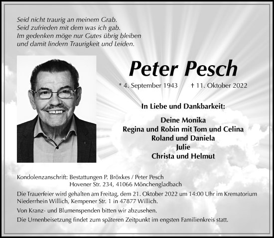 Traueranzeige von Peter Pesch von trauer.extra-tipp-moenchengladbach.de