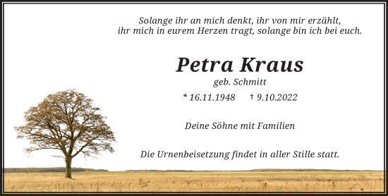 Traueranzeige von Petra Kraus von trauer.wuppertaler-rundschau.de