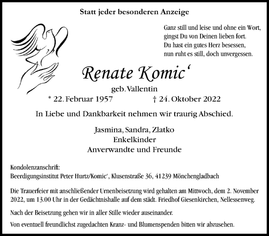 Traueranzeige von Renate Komic von trauer.extra-tipp-moenchengladbach.de