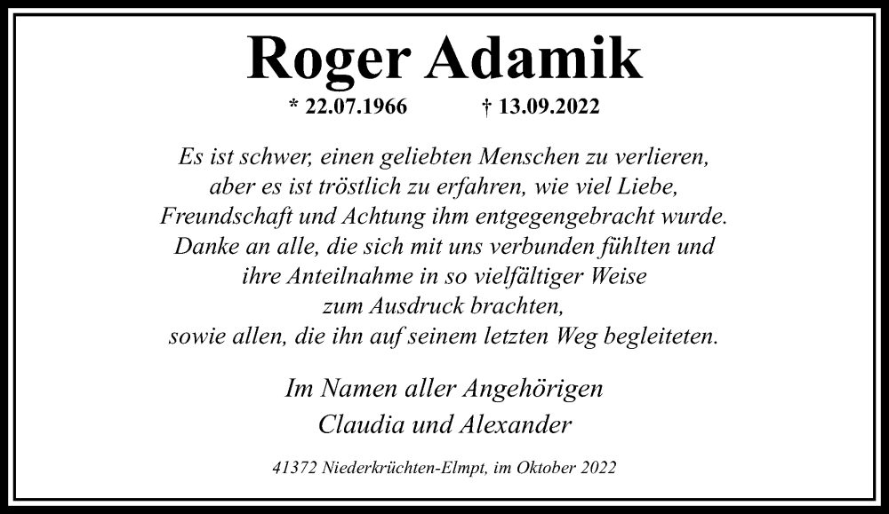  Traueranzeige für Roger Adamik vom 16.10.2022 aus trauer.extra-tipp-moenchengladbach.de