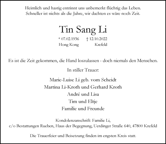 Traueranzeige von Tin Sang Li von trauer.mein.krefeld.de