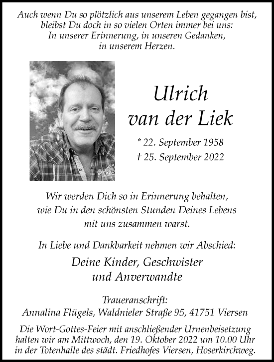 Traueranzeige von Ulrich van der Liek von trauer.extra-tipp-moenchengladbach.de