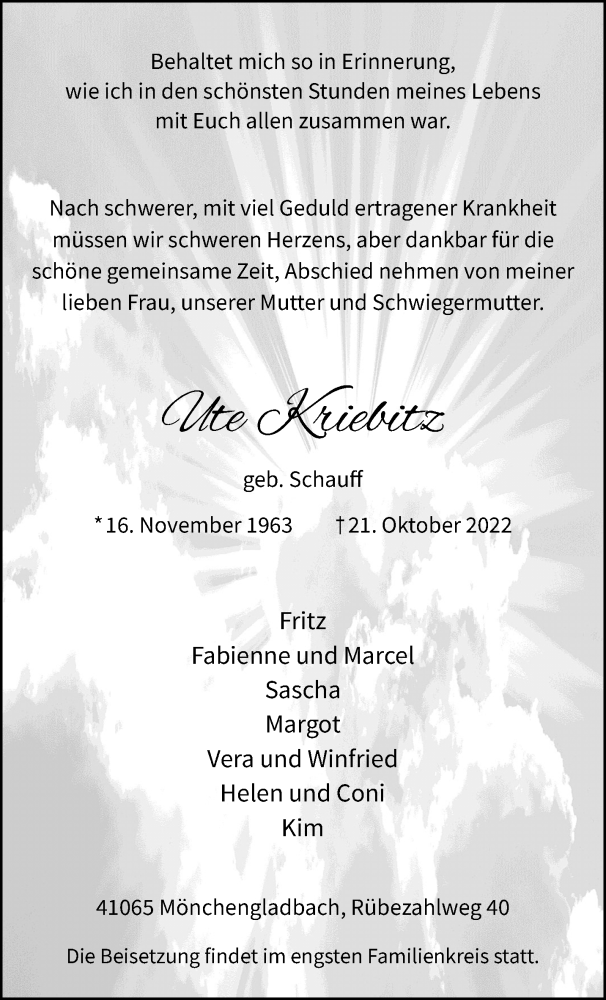  Traueranzeige für Ute Kriebitz vom 30.10.2022 aus trauer.extra-tipp-moenchengladbach.de