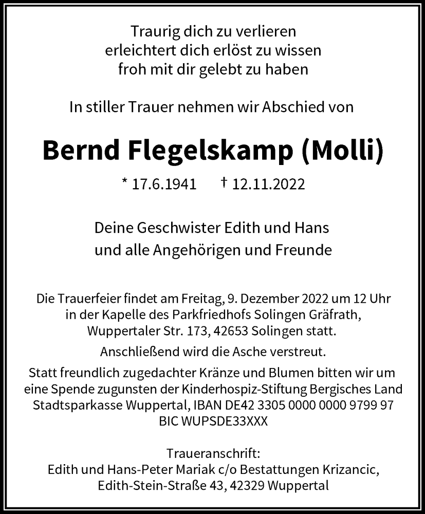  Traueranzeige für Bernd Flegelskamp vom 19.11.2022 aus trauer.wuppertaler-rundschau.de