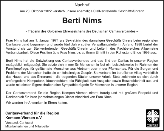 Traueranzeige von Berti Nims von trauer.extra-tipp-moenchengladbach.de