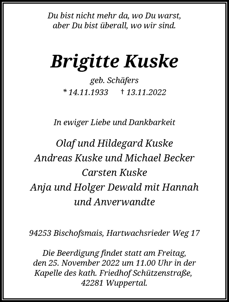  Traueranzeige für Brigitte Kuske vom 19.11.2022 aus trauer.wuppertaler-rundschau.de
