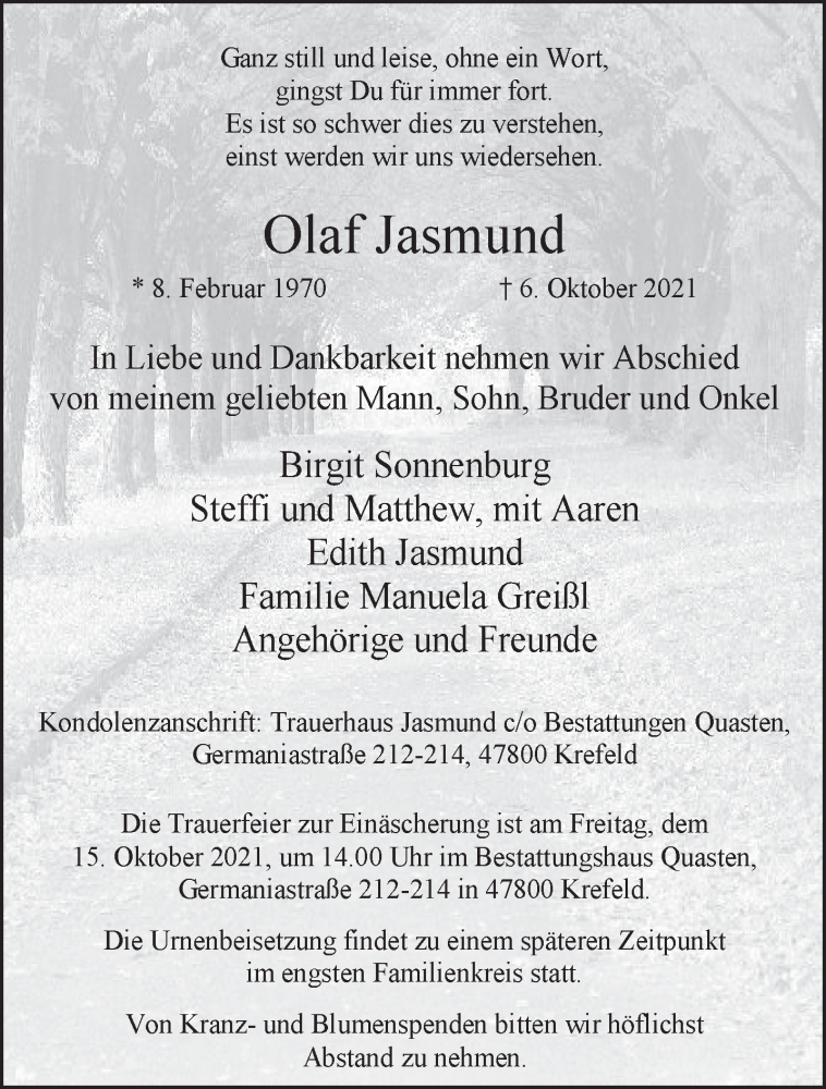  Traueranzeige für Olaf Jasmund vom 21.11.2022 aus trauer.mein-krefeld.de