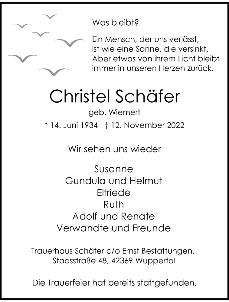 Traueranzeige für Christel Schäfer vom 19.11.2022 aus trauer.wuppertaler-rundschau.de