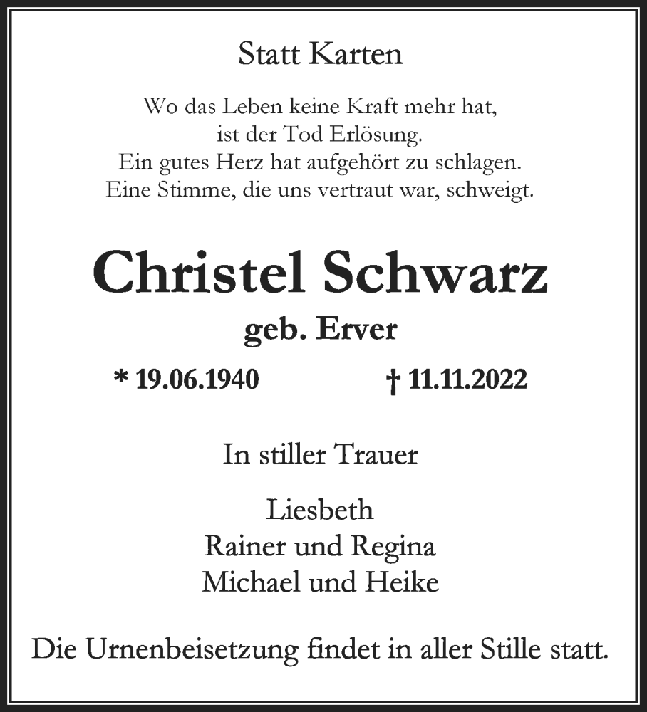  Traueranzeige für Christel Schwarz vom 19.11.2022 aus trauer.wuppertaler-rundschau.de