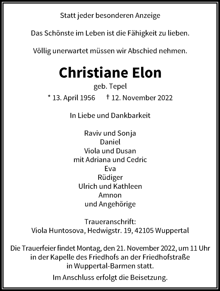  Traueranzeige für Christiane Elon vom 19.11.2022 aus trauer.wuppertaler-rundschau.de