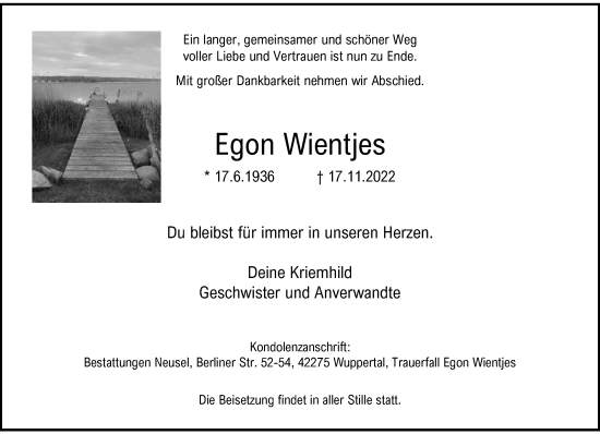 Traueranzeige von Egon Wientjes von trauer.wuppertaler-rundschau.de