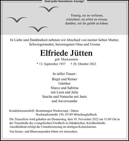 Traueranzeige von Elfriede Jütten von trauer.extra-tipp-moenchengladbach.de