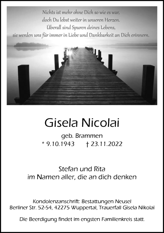 Traueranzeige von Gisela Nicolai von trauer.wuppertaler-rundschau.de