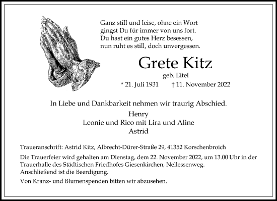 Traueranzeige von Grete Kitz von trauer.extra-tipp-moenchengladbach.de