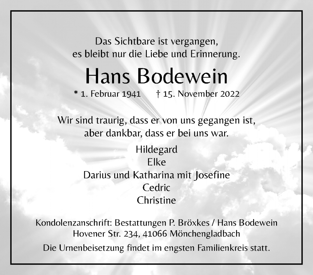  Traueranzeige für Hans Bodewein vom 20.11.2022 aus trauer.extra-tipp-moenchengladbach.de