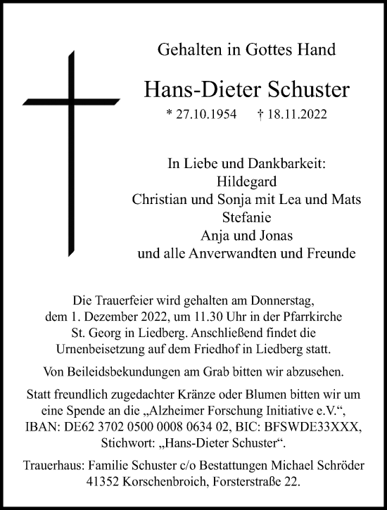 Traueranzeige von Hans-Dieter Schuster von trauer.extra-tipp-moenchengladbach.de