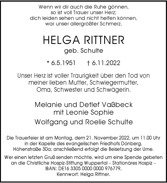 Traueranzeige von Helga Rittner von trauer.wuppertaler-rundschau.de