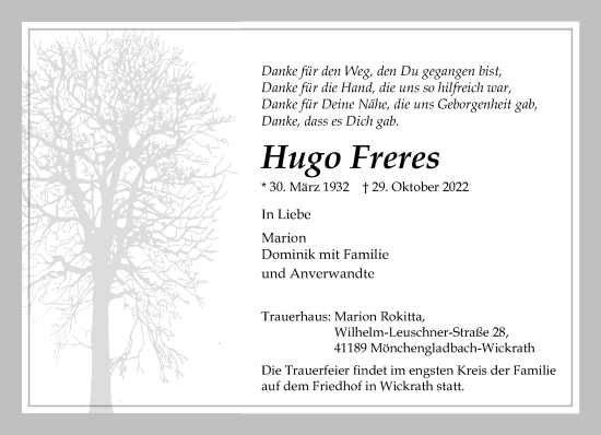 Traueranzeige von Hugo Freres von trauer.extra-tipp-moenchengladbach.de