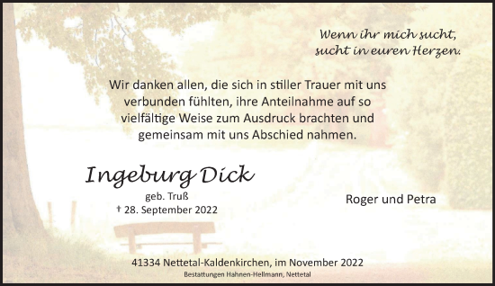 Traueranzeige von Ingeburg Dick von trauer.extra-tipp-moenchengladbach.de