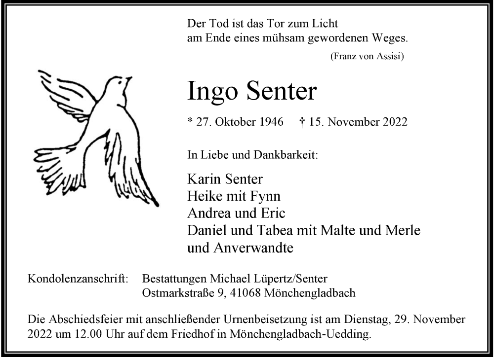  Traueranzeige für Ingo Senter vom 20.11.2022 aus trauer.extra-tipp-moenchengladbach.de