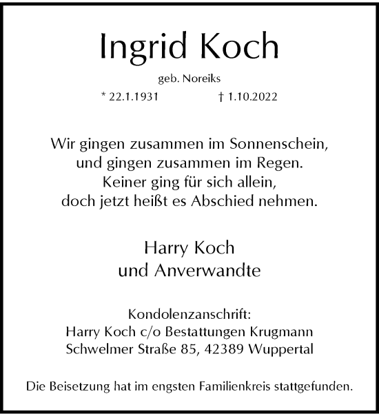 Traueranzeige von Ingrid Koch von trauer.wuppertaler-rundschau.de