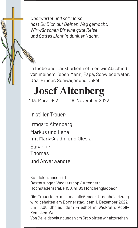 Traueranzeige von Josef Altenberg von trauer.extra-tipp-moenchengladbach.de