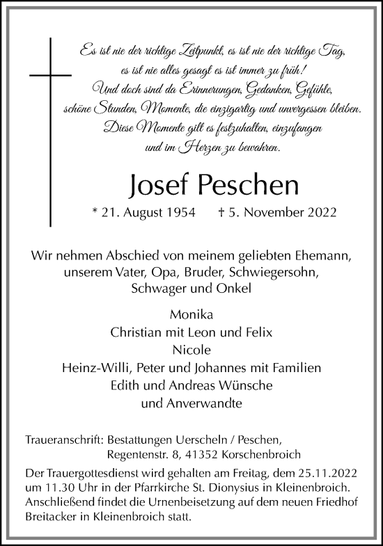 Traueranzeige von Josef Peschen von trauer.extra-tipp-moenchengladbach.de