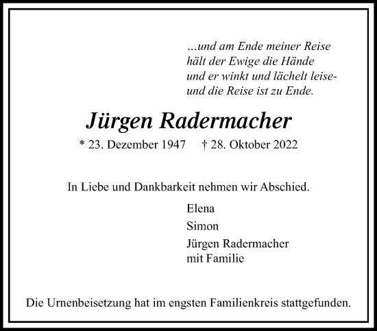 Traueranzeige von Jürgen Radermacher von trauer.extra-tipp-moenchengladbach.de