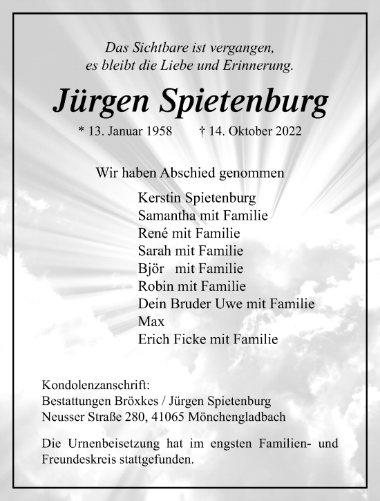 Traueranzeige von Jürgen Spietenburg von trauer.extra-tipp-moenchengladbach.de