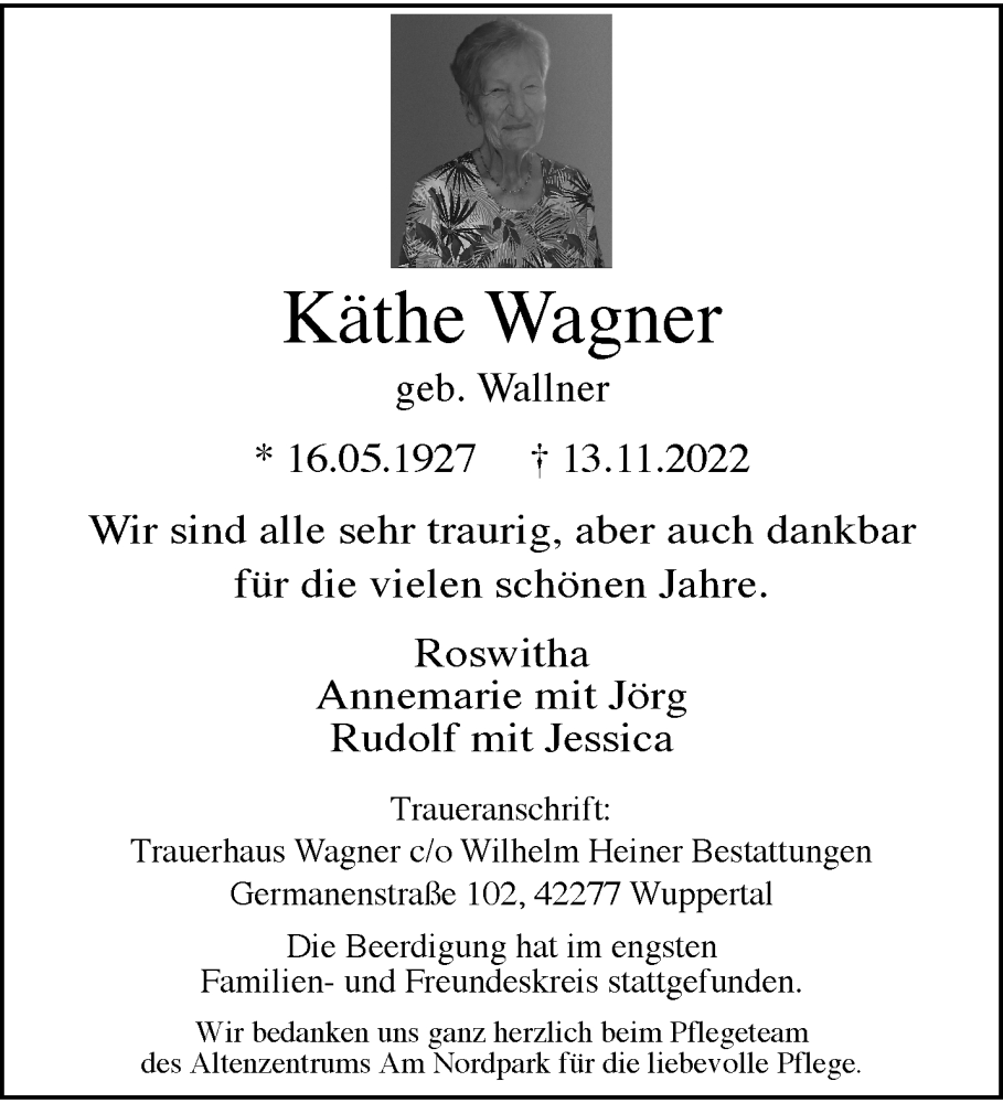  Traueranzeige für Käthe Wagner vom 19.11.2022 aus trauer.wuppertaler-rundschau.de