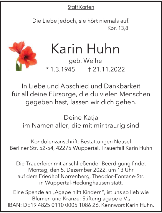 Traueranzeige von Karin Huhn von trauer.wuppertaler-rundschau.de