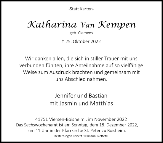 Traueranzeige von Katharina van Kempen von trauer.extra-tipp-moenchengladbach.de