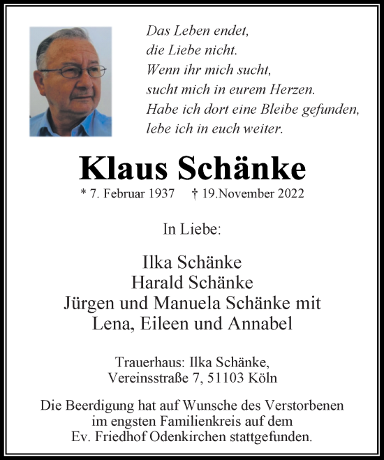 Traueranzeige von Klaus Schänke von trauer.extra-tipp-moenchengladbach.de