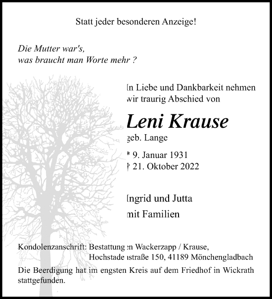 Traueranzeige von Leni Krause von trauer.extra-tipp-moenchengladbach.de