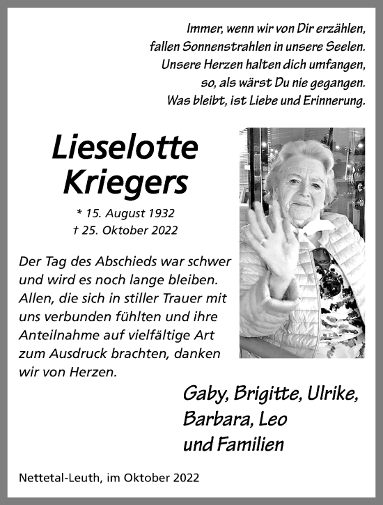 Traueranzeige von Lieselotte Kriegers von trauer.extra-tipp-moenchengladbach.de