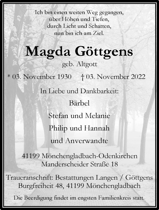 Traueranzeige von Magda Göttgens von trauer.extra-tipp-moenchengladbach.de