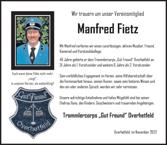 Traueranzeige von Manfred Fietz von trauer.extra-tipp-moenchengladbach.de