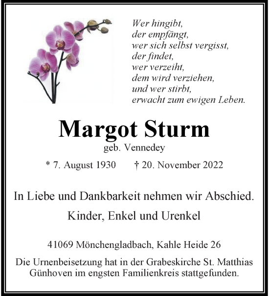 Traueranzeige von Margot Sturm von trauer.extra-tipp-moenchengladbach.de