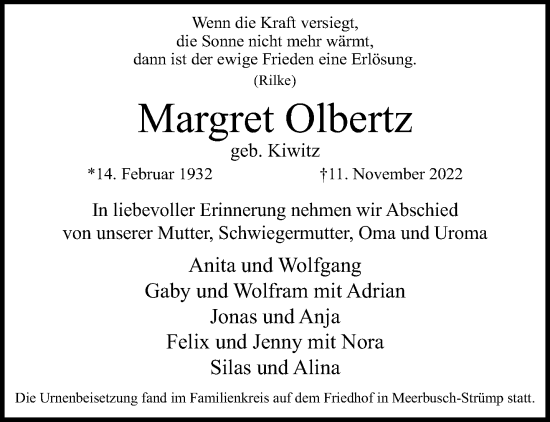 Traueranzeige von Margret Olbertz von trauer.extra-tipp-moenchengladbach.de