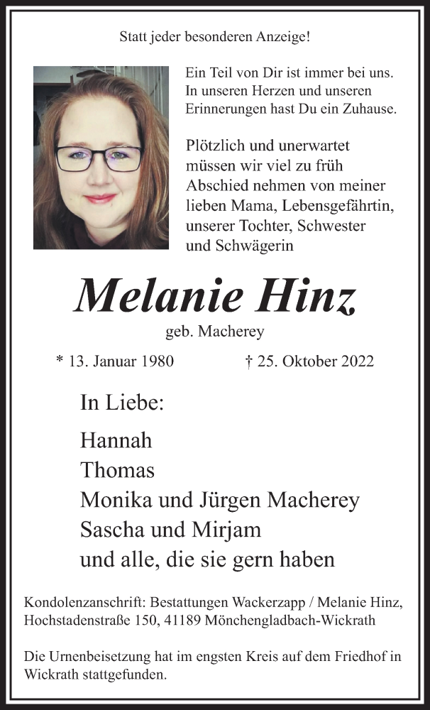  Traueranzeige für Melanie Hinz vom 13.11.2022 aus trauer.extra-tipp-moenchengladbach.de